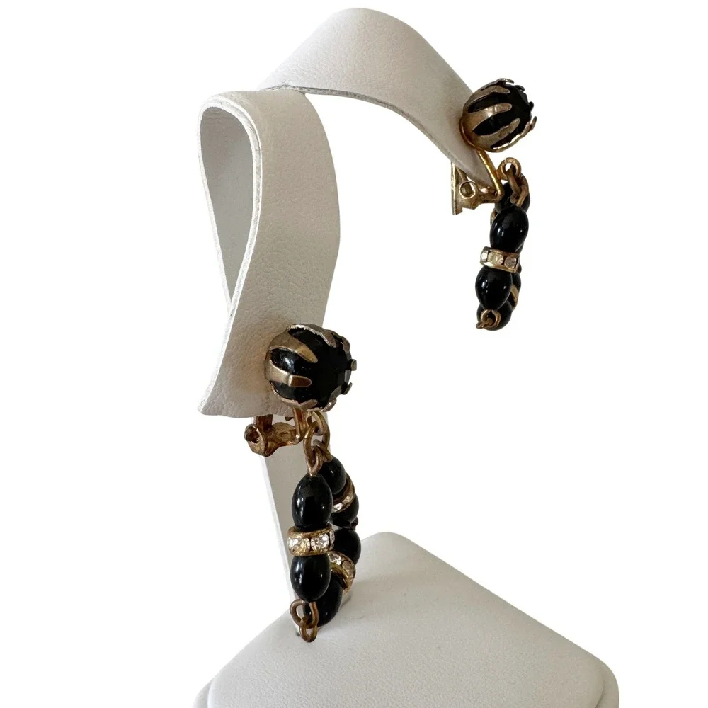 Vintage Black Bead Rhinestone Rondelle Triangle Dangling Statement Clip Earrings